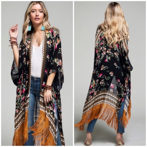 Tops - SOLD OUT Gallia Multi Color Floral Boho Ethnic Long Tassel Kimono Open Coverup